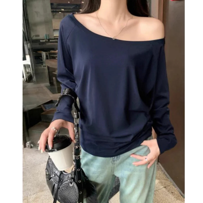 Camiseta Oversize de Manga Larga con Hombros Descubiertos para Mujer, Blusa Lisa Informal de Primavera Otoño, Estilo Coreano Juvenil