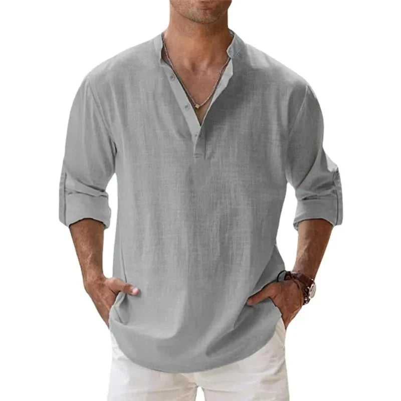 Camisas de hombre estilo urbano, ligeras, de manga larga, tipo Henley, de algodón y lino, camisas hawaianas de playa, camisetas transpirables con cuello.