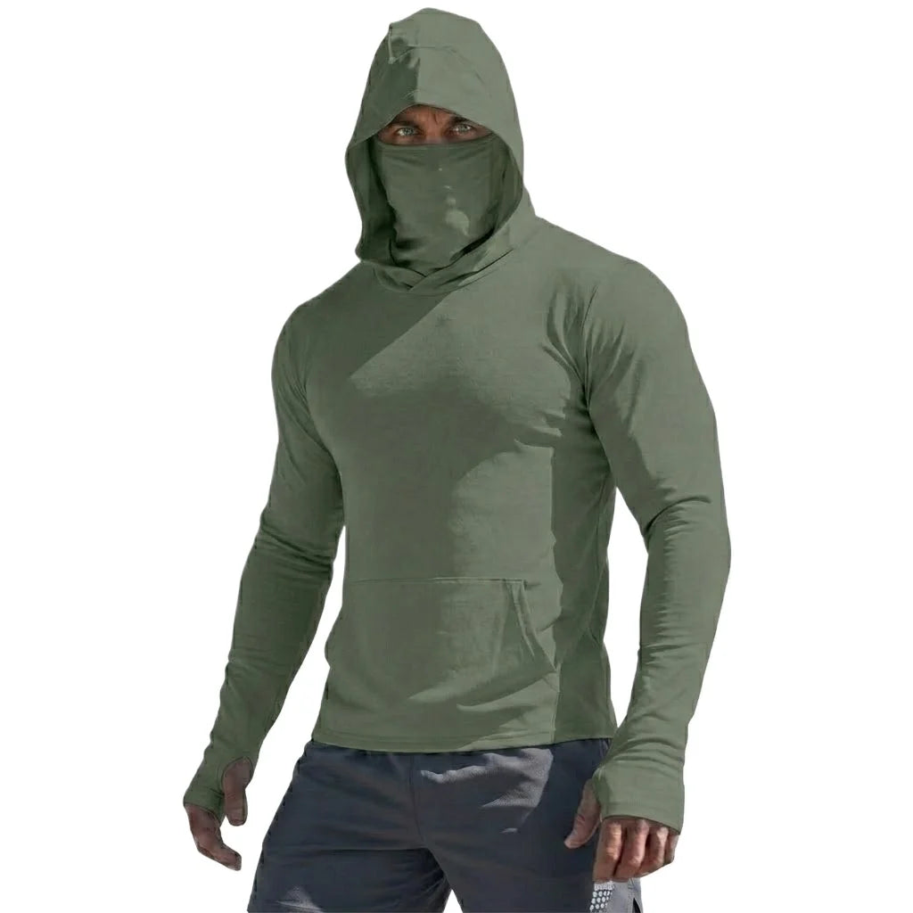 Camiseta de alto rendimiento con protección solar UPF50+, sudadera con capucha de manga larga para hombre, informal, de secado rápido, para correr, pescar, estilo jersey de seda fría