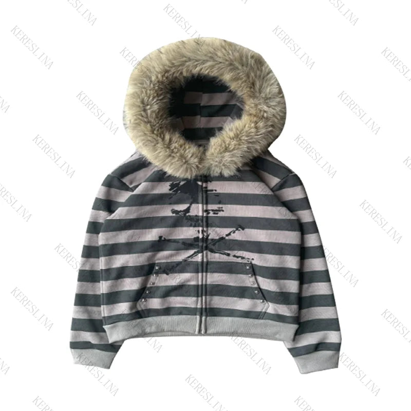 Chaqueta con capucha y cremallera, cárdigan con cuello de piel, estilo punk hip-hop rock oscuro, moda rock, versátil, estilo retro Y2K para otoño e invierno