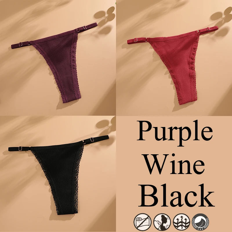 3Pcs G-String Cotton Lace Women Thongs Lingerie Low Rise Panties Adjustable Waistband Straps Hipster Underwear Female Intimates