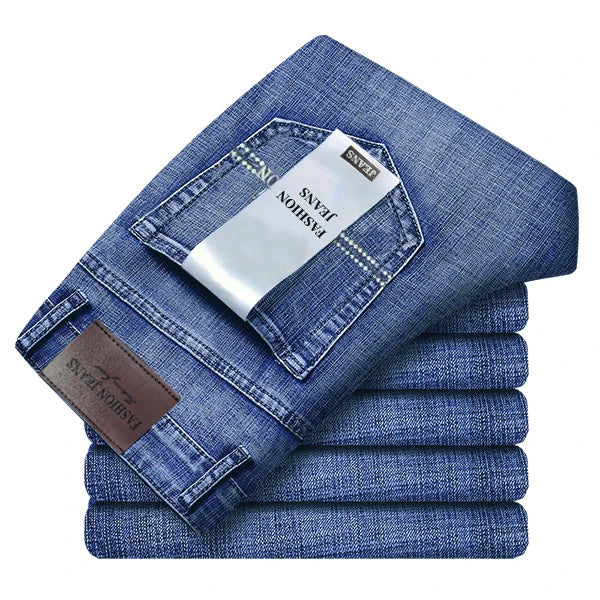 Spring Summer Classic Pocket Men Fit Straight Thin Jeans Cotton Elastic Middle Waist Business Casual Lightweight Pants