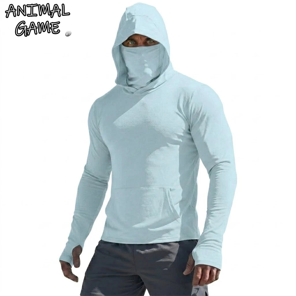 Camiseta de alto rendimiento con protección solar UPF50+, sudadera con capucha de manga larga para hombre, informal, de secado rápido, para correr, pescar, estilo jersey de seda fría