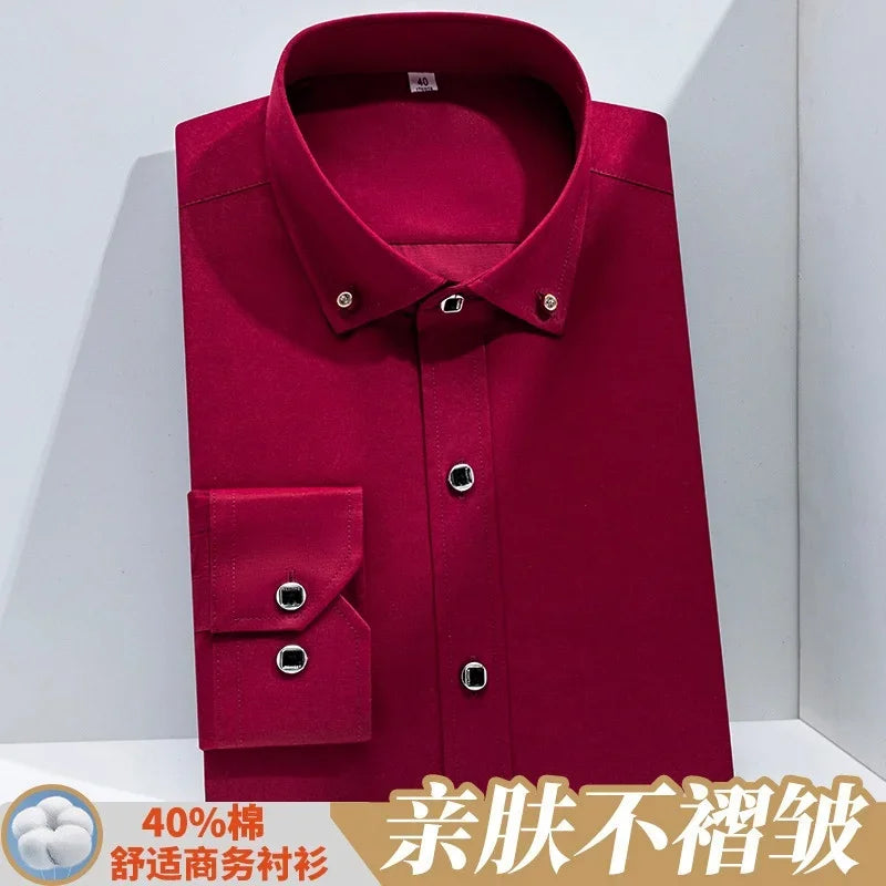 Men Business Dress Shirt Formal Fashion Thin Classic Basic Diamond Button Long Sleeve Social White Office Shirt Men Clothing