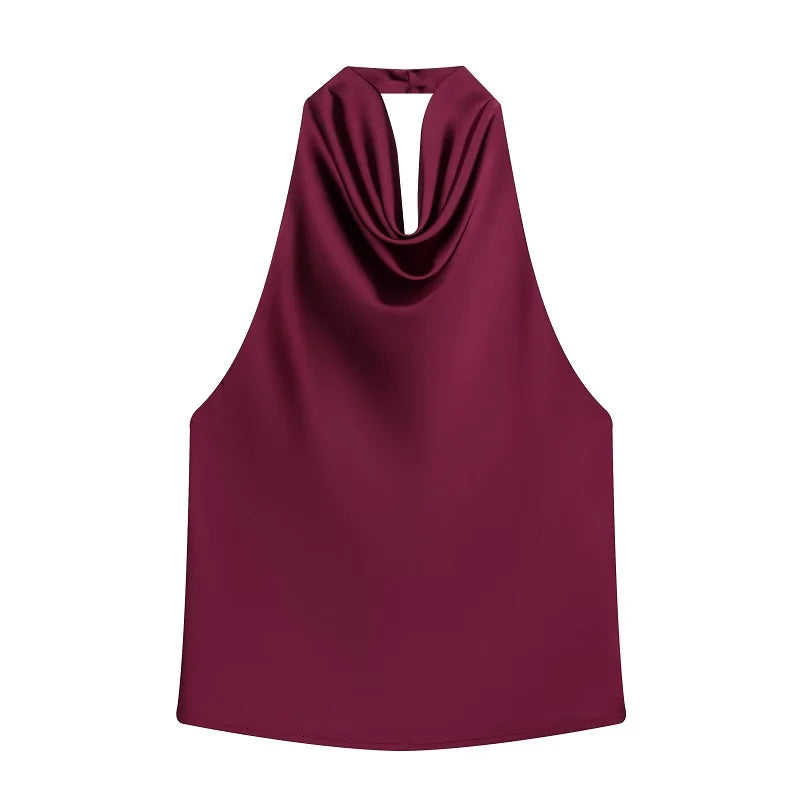 MUJER Satin Crop Top Woman Halter Backless Women's Tops off Shoulder Beach Tops for Women Camisole Sexy Tanks Camis Top Female