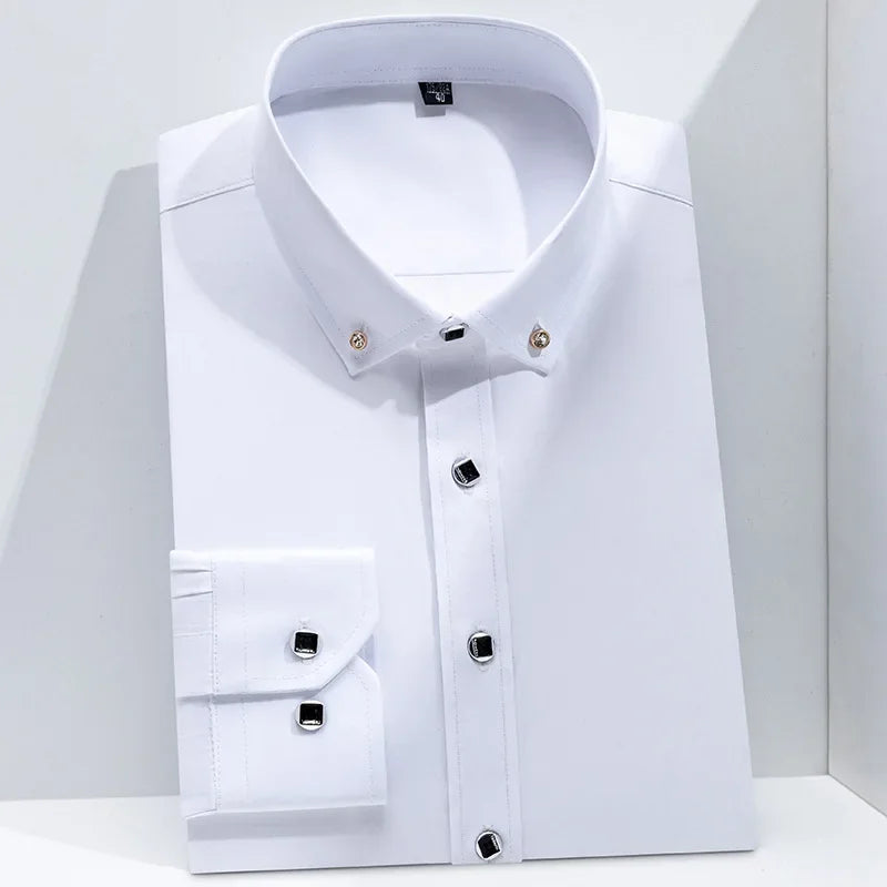 Men Business Dress Shirt Formal Fashion Thin Classic Basic Diamond Button Long Sleeve Social White Office Shirt Men Clothing