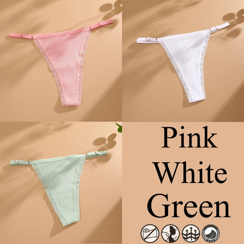 3Pcs G-String Cotton Lace Women Thongs Lingerie Low Rise Panties Adjustable Waistband Straps Hipster Underwear Female Intimates