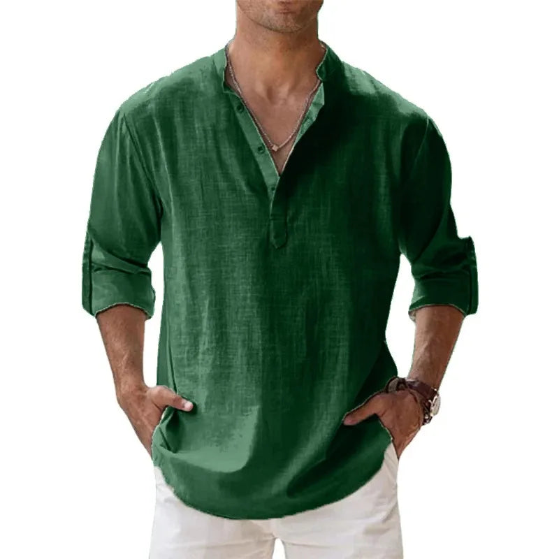 Nuevas camisas casuales para hombre, camisas Henley de manga larga ligeras de algodón, camisas de lino para playa, blusas hawaianas transpirables con cuello