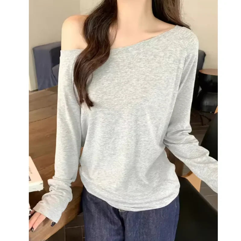 Oversize Off Shoulder Long Sleeve T Shirt Women Solid Color Casual Tops Lady Spring Autumn Basic Tees Korean Style Youth Blouses