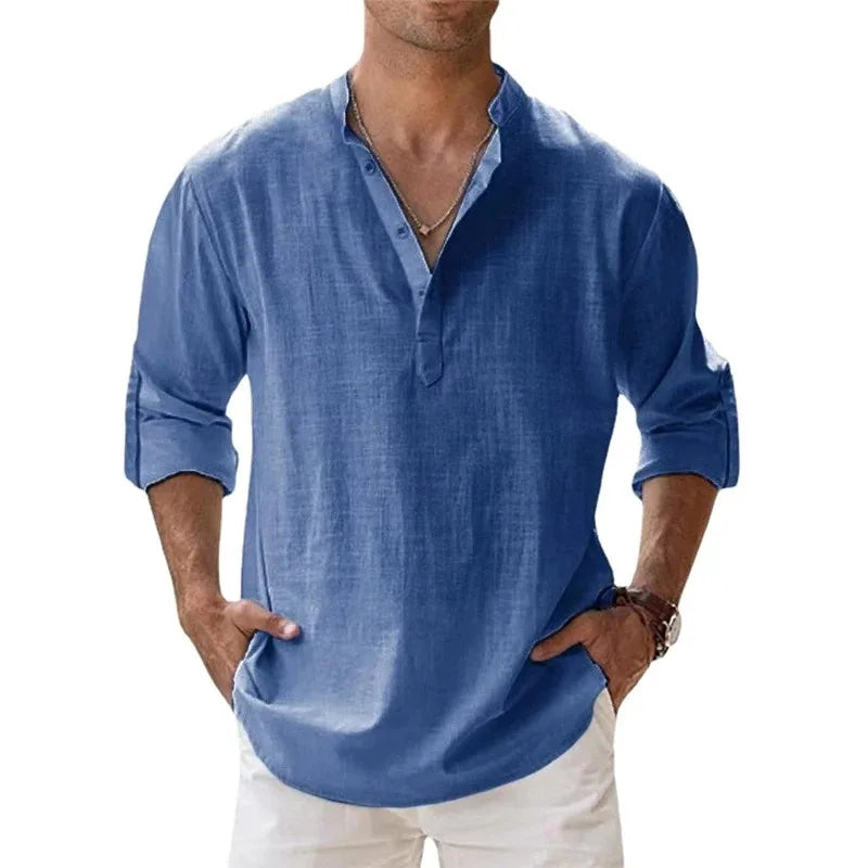 Nuevas camisas casuales para hombre, camisas Henley de manga larga ligeras de algodón, camisas de lino para playa, blusas hawaianas transpirables con cuello