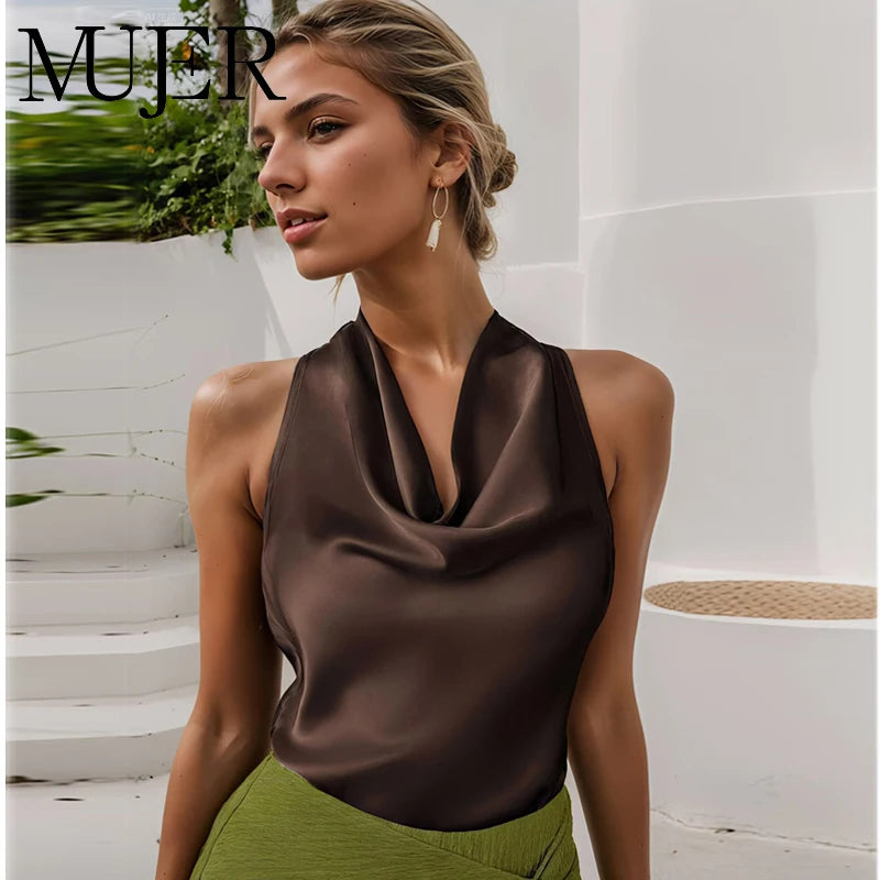 MUJER Satin Crop Top Woman Halter Backless Women's Tops off Shoulder Beach Tops for Women Camisole Sexy Tanks Camis Top Female