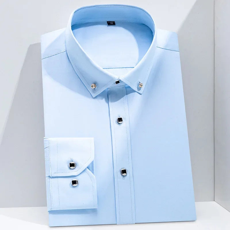 Men Business Dress Shirt Formal Fashion Thin Classic Basic Diamond Button Long Sleeve Social White Office Shirt Men Clothing