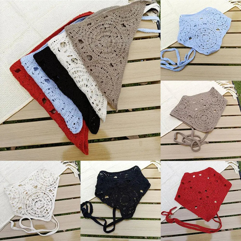 Knitted Headband Handmade Crochet Hair Scarf Hollow Out Triangle Headscarf Hair Accessories Sweet Vintage Soft Floral Bandana