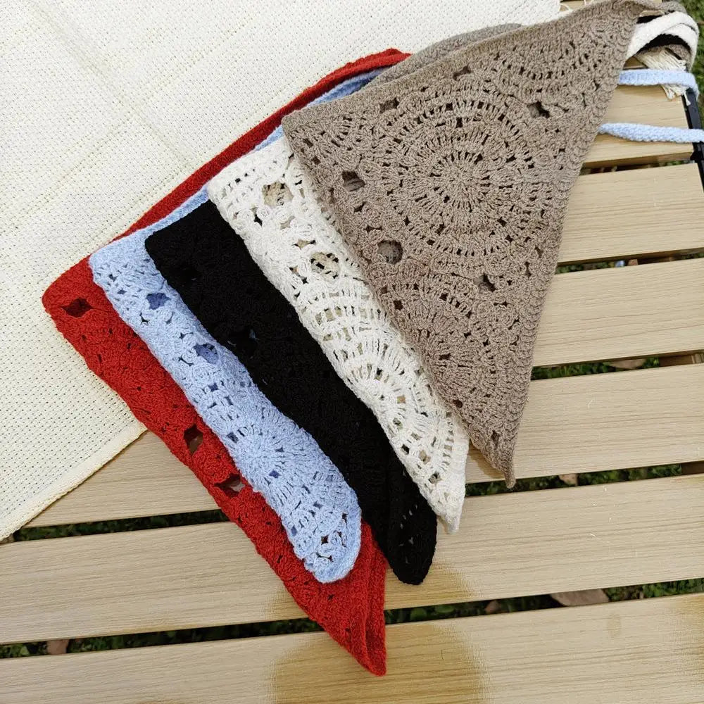 Knitted Headband Handmade Crochet Hair Scarf Hollow Out Triangle Headscarf Hair Accessories Sweet Vintage Soft Floral Bandana
