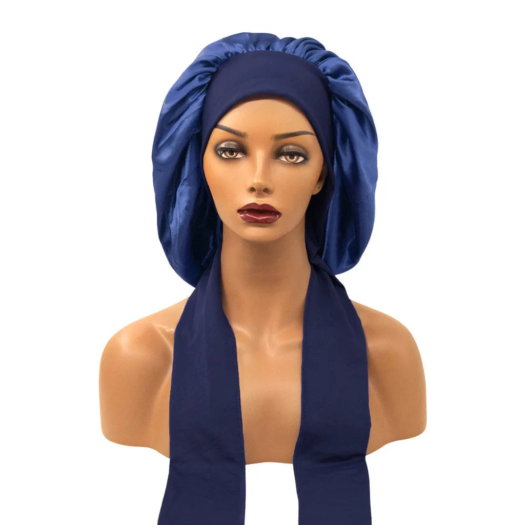 Women Satin Widened Sleep Hat Night Sleep Cap with Long Streamer Hair Care Bonnet Nightcap Elastic Cap De Nuit Shower Turban