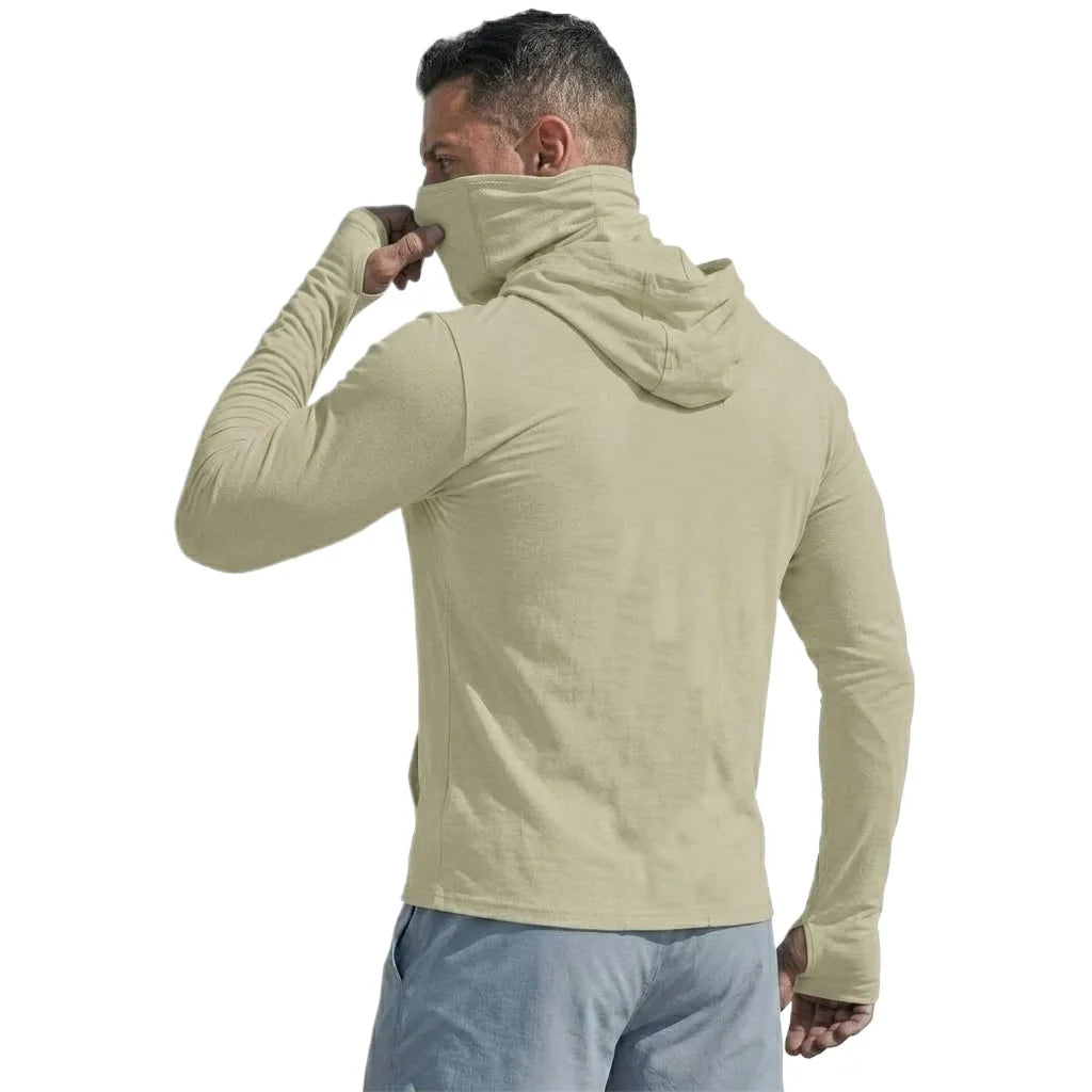 Camiseta de alto rendimiento con protección solar UPF50+, sudadera con capucha de manga larga para hombre, informal, de secado rápido, para correr, pescar, estilo jersey de seda fría