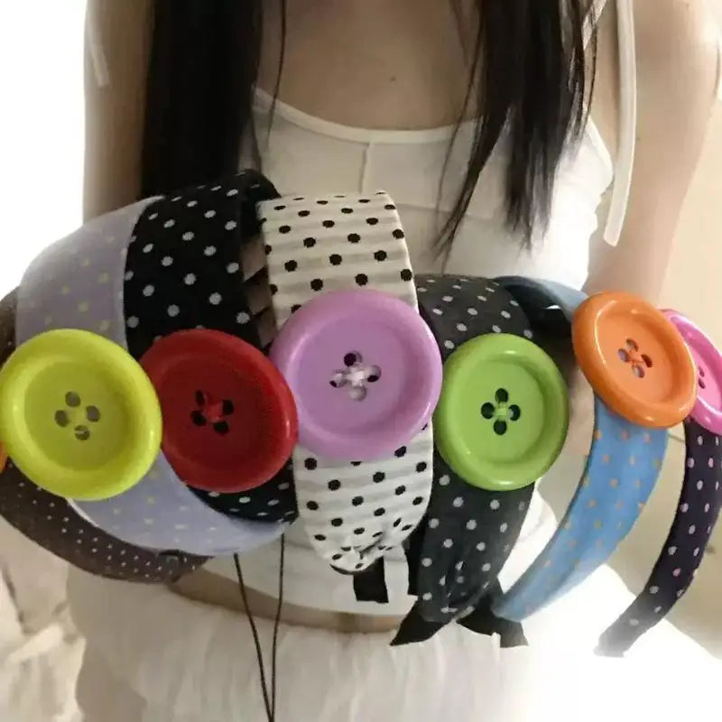 Y2K Wide Polka Dot Hairband Vintage Colorful Large Button Design Sweet Girls Hair Accessory Daily Street Party Hair Ornament