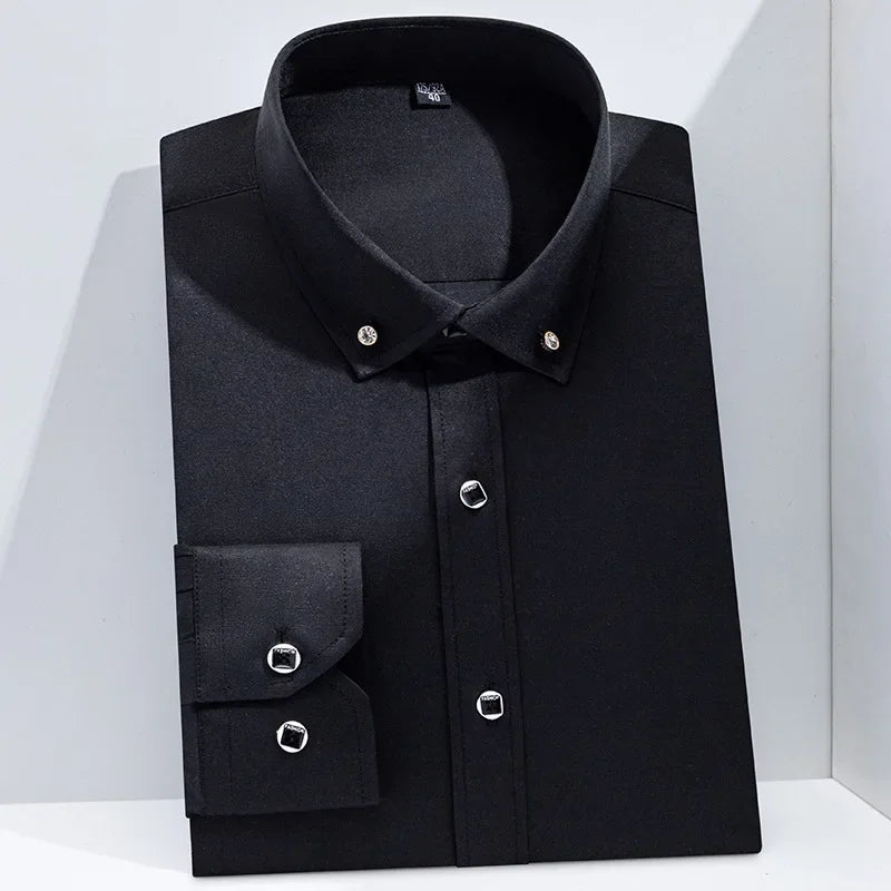 Men Business Dress Shirt Formal Fashion Thin Classic Basic Diamond Button Long Sleeve Social White Office Shirt Men Clothing