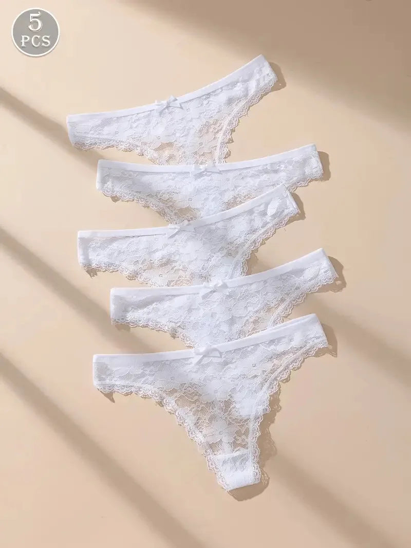 5Pcs Women Thongs Sexy Lace Panties Low Waist Underwear Girls Briefs G-String Breathable Ladies Panty White Female Lingerie S-XL