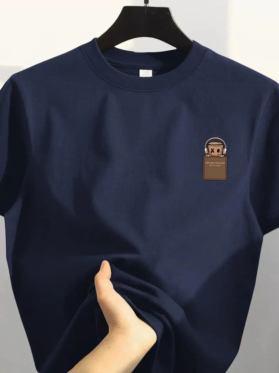 Camiseta de algodón puro con ajuste holgado retro, estilo casual, top de algodón estampado de estilo coreano para hombre, etiqueta cortada
