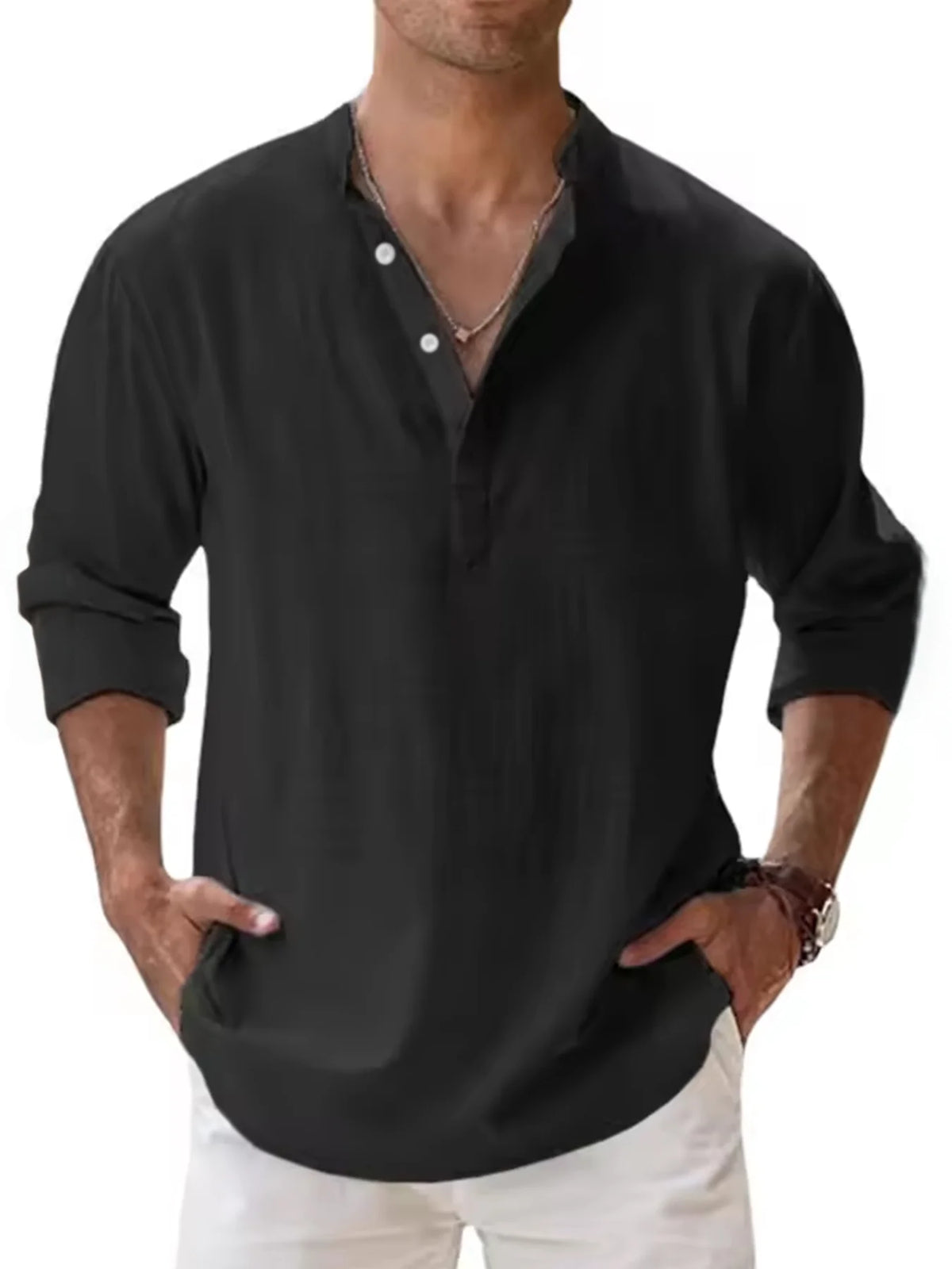 Camisa de manga larga con cuello henley y mezcla de lino para hombre, prenda superior casual de tapeta parcial transpirable para uso diario, vacaciones y playa