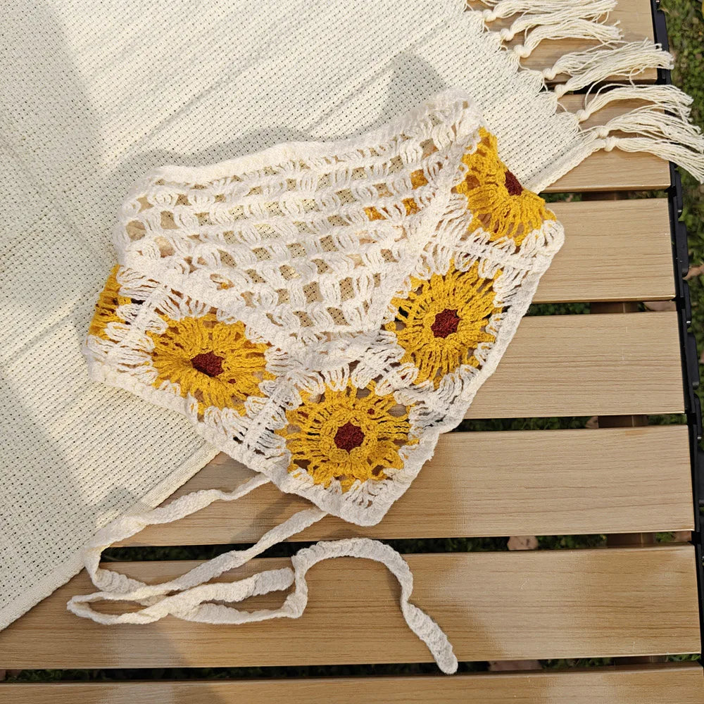 Knitted Headband Handmade Crochet Hair Scarf Hollow Out Triangle Headscarf Hair Accessories Sweet Vintage Soft Floral Bandana