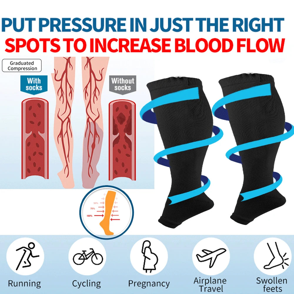 1Pair Compression Socks S-7XL Prevent Varicose Veins Toeless Support Hose for Women Men Sports, Running, Travel, Work