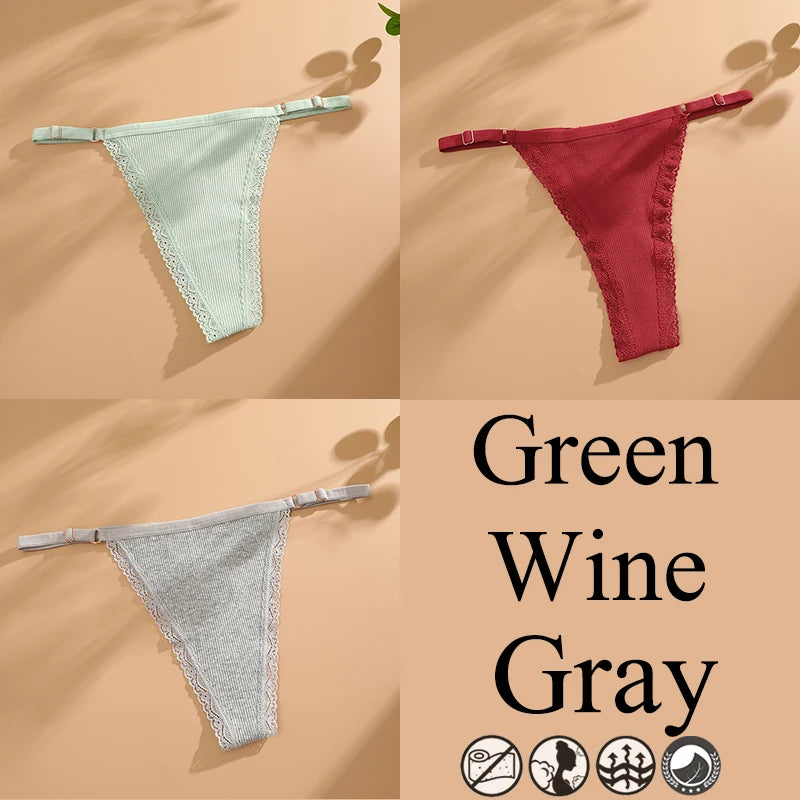 3Pcs G-String Cotton Lace Women Thongs Lingerie Low Rise Panties Adjustable Waistband Straps Hipster Underwear Female Intimates