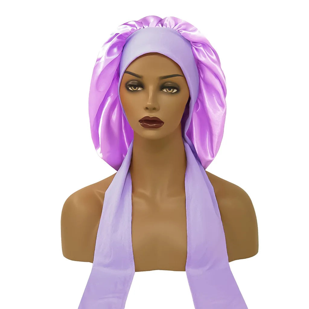 Women Satin Widened Sleep Hat Night Sleep Cap with Long Streamer Hair Care Bonnet Nightcap Elastic Cap De Nuit Shower Turban