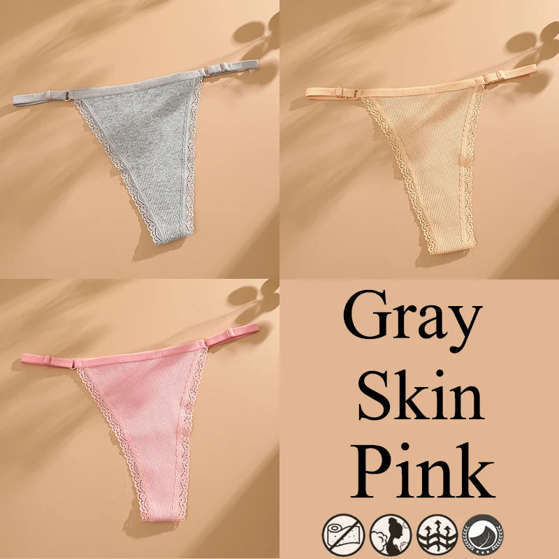 3Pcs G-String Cotton Lace Women Thongs Lingerie Low Rise Panties Adjustable Waistband Straps Hipster Underwear Female Intimates