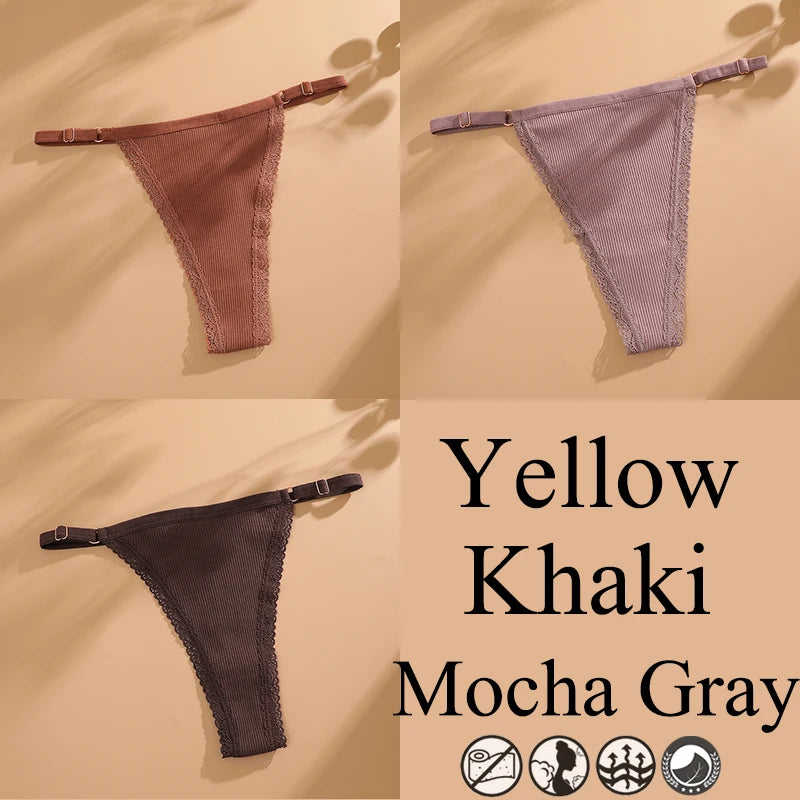 3Pcs G-String Cotton Lace Women Thongs Lingerie Low Rise Panties Adjustable Waistband Straps Hipster Underwear Female Intimates
