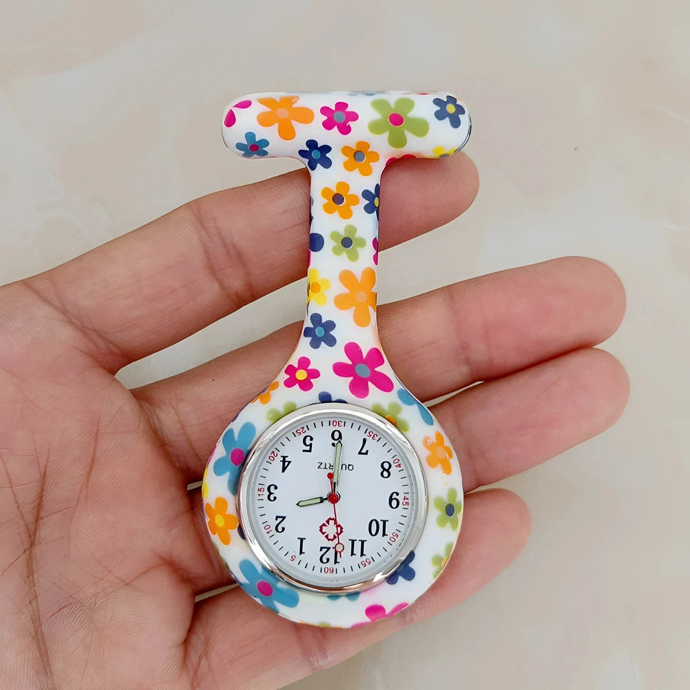 Fashion Women Flowers Patterned Printing Solid Silicone Pin Brooch Nurse Doctor Hospital FOB Hanging Clock Watch Pocket Watches