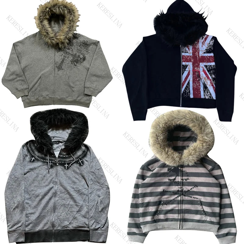 Chaqueta con capucha y cremallera, cárdigan con cuello de piel, estilo punk hip-hop rock oscuro, moda rock, versátil, estilo retro Y2K para otoño e invierno