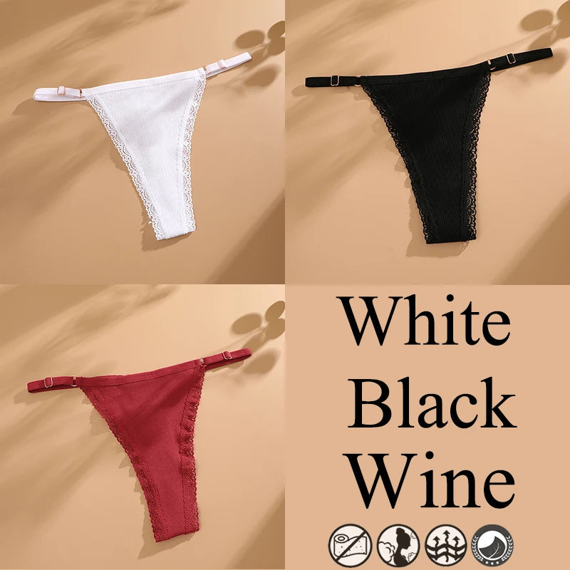 3Pcs G-String Cotton Lace Women Thongs Lingerie Low Rise Panties Adjustable Waistband Straps Hipster Underwear Female Intimates