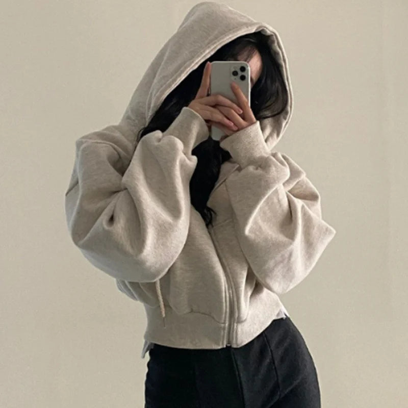 2025 Spring Autumn New Insfleece-lined Versatile Cropped Slims Smooths Silhouette Zip-up Warm Navy Blue Hooded Sweatshirt Women