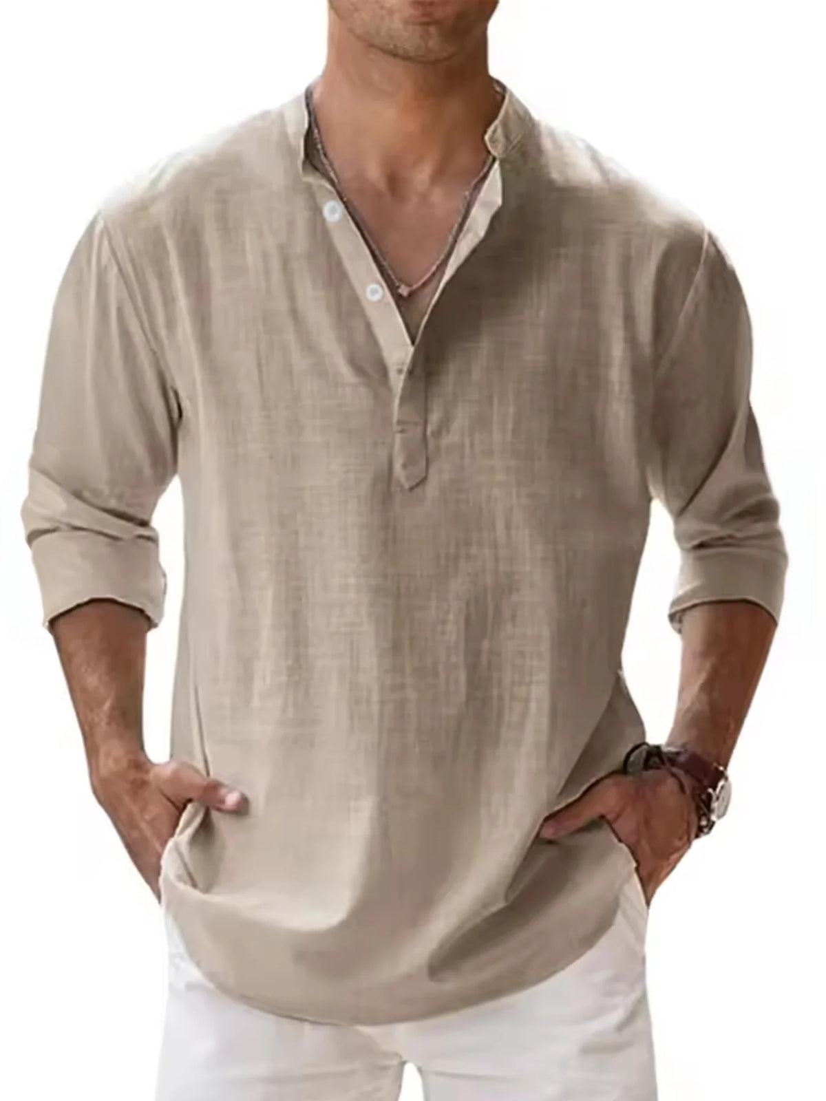 Camisa de manga larga con cuello henley y mezcla de lino para hombre, prenda superior casual de tapeta parcial transpirable para uso diario, vacaciones y playa