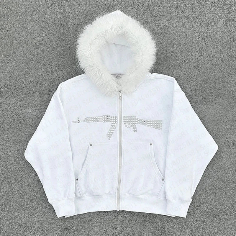 Chaqueta con capucha y cremallera, cárdigan con cuello de piel, estilo punk hip-hop rock oscuro, moda rock, versátil, estilo retro Y2K para otoño e invierno