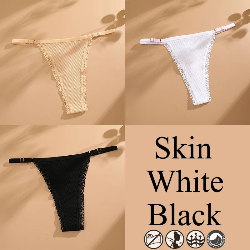 3Pcs G-String Cotton Lace Women Thongs Lingerie Low Rise Panties Adjustable Waistband Straps Hipster Underwear Female Intimates