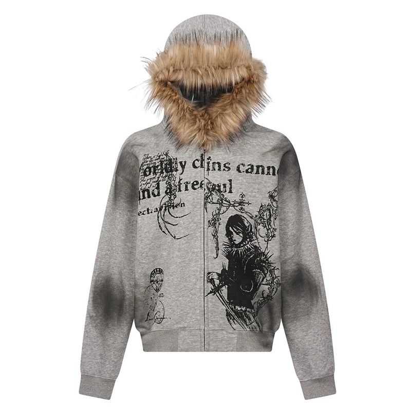 Chaqueta con capucha y cremallera, cárdigan con cuello de piel, estilo punk hip-hop rock oscuro, moda rock, versátil, estilo retro Y2K para otoño e invierno