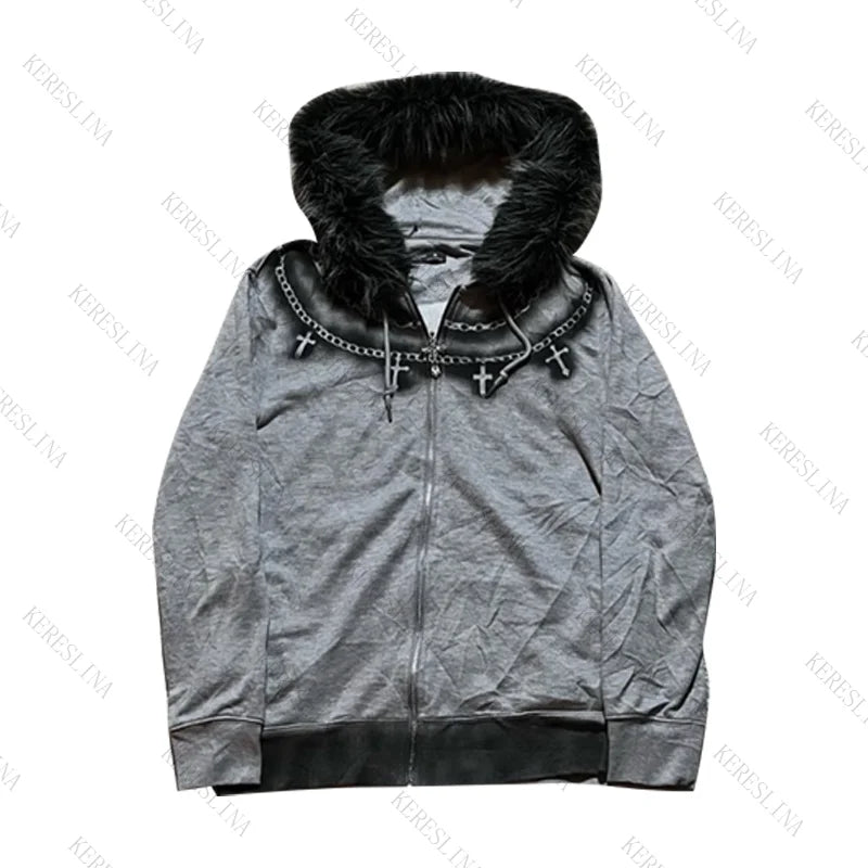 Chaqueta con capucha y cremallera, cárdigan con cuello de piel, estilo punk hip-hop rock oscuro, moda rock, versátil, estilo retro Y2K para otoño e invierno