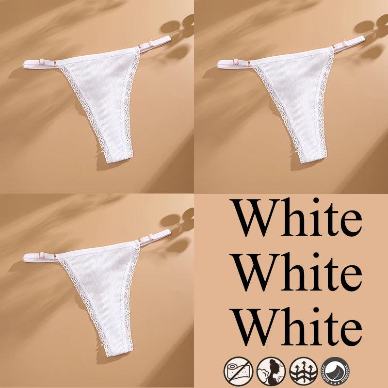 3Pcs G-String Cotton Lace Women Thongs Lingerie Low Rise Panties Adjustable Waistband Straps Hipster Underwear Female Intimates