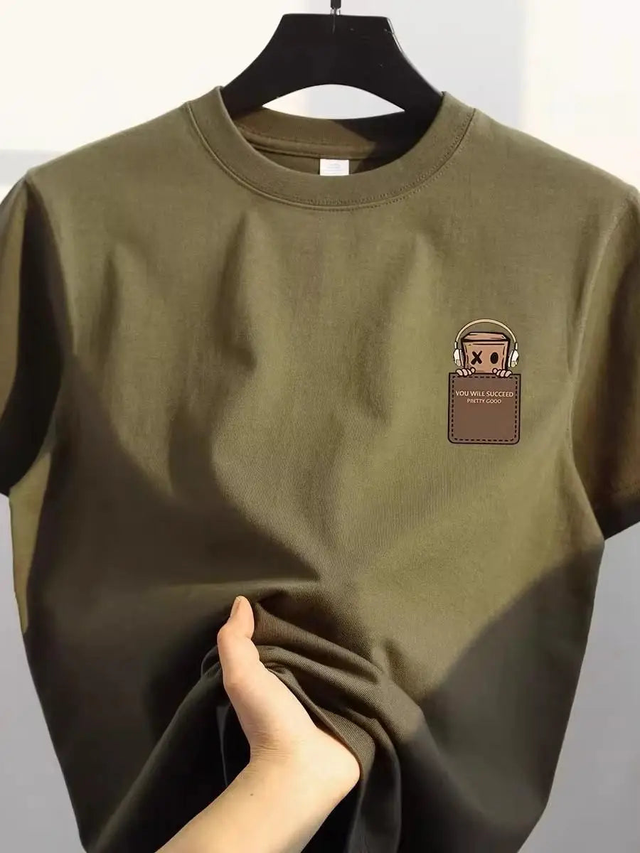 Camiseta de algodón puro con ajuste holgado retro, estilo casual, top de algodón estampado de estilo coreano para hombre, etiqueta cortada