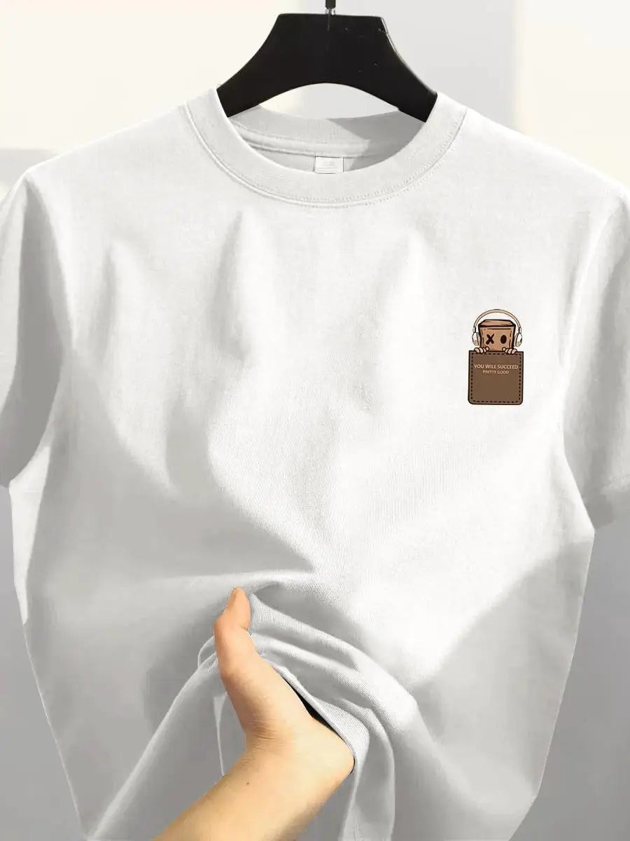 Camiseta de algodón puro con ajuste holgado retro, estilo casual, top de algodón estampado de estilo coreano para hombre, etiqueta cortada