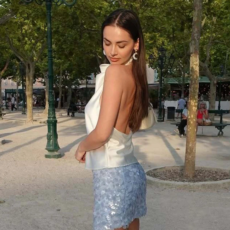 MUJER Satin Crop Top Woman Halter Backless Women's Tops off Shoulder Beach Tops for Women Camisole Sexy Tanks Camis Top Female