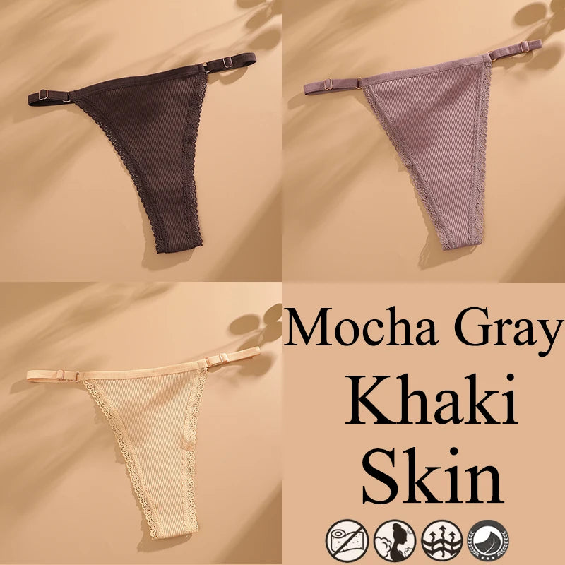 3Pcs G-String Cotton Lace Women Thongs Lingerie Low Rise Panties Adjustable Waistband Straps Hipster Underwear Female Intimates