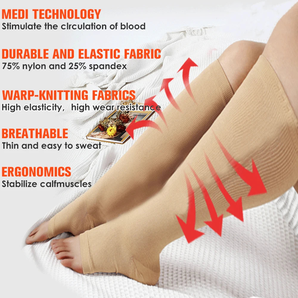 1Pair Compression Socks S-7XL Prevent Varicose Veins Toeless Support Hose for Women Men Sports, Running, Travel, Work
