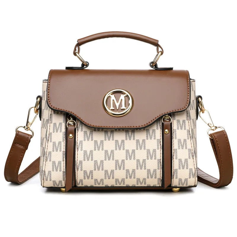 Vintage Women's Tote Bag Stylish PU Handbag Shoulder Bag with Golden Letter "M" Design Detachable Strap Perfect for Everyday Use