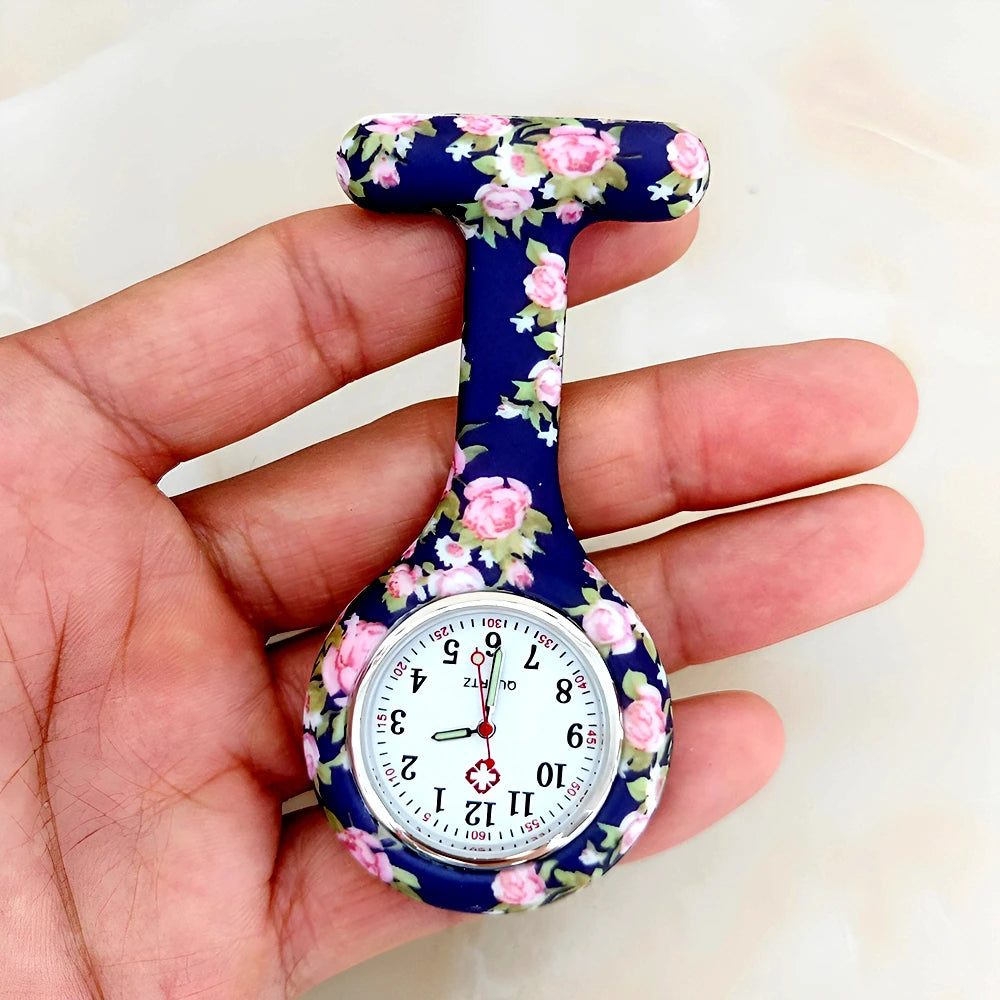 Fashion Women Flowers Patterned Printing Solid Silicone Pin Brooch Nurse Doctor Hospital FOB Hanging Clock Watch Pocket Watches