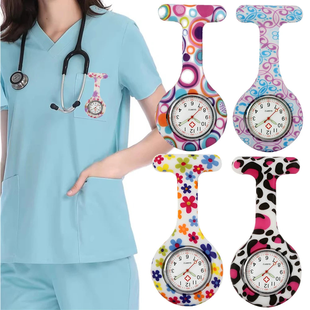 Fashion Women Flowers Patterned Printing Solid Silicone Pin Brooch Nurse Doctor Hospital FOB Hanging Clock Watch Pocket Watches