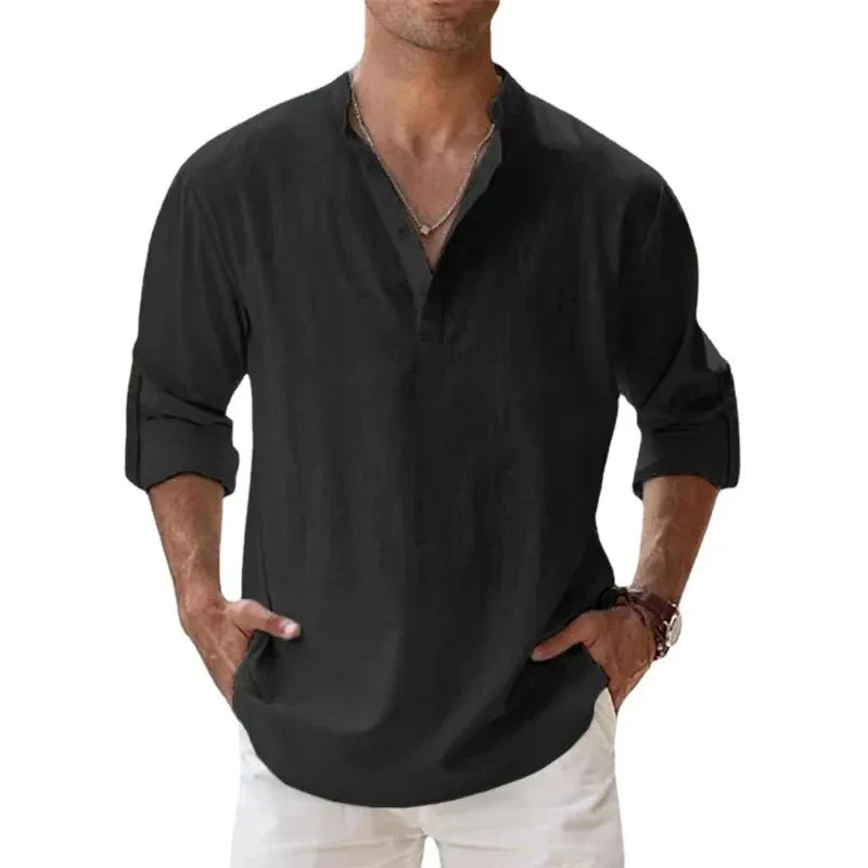 Camisas de hombre estilo urbano, ligeras, de manga larga, tipo Henley, de algodón y lino, camisas hawaianas de playa, camisetas transpirables con cuello.